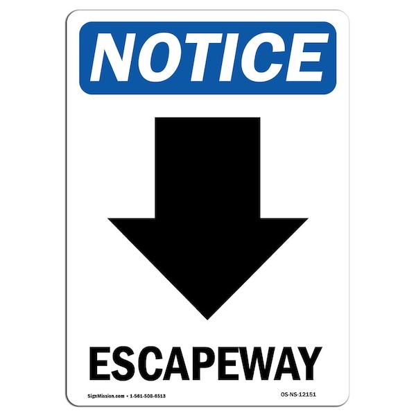 Safety Sign, OSHA Notice, 5" Height, Escapeway (Down Arrow) Sign With Symbol, Portrait, 10PK